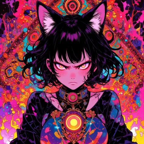 psychedelic manga pop art, A girl with cat ears, a threatening expression, a threatening pose, a fluffy Persian carpet, ultra detailed, absolutely resolution, masterpiece