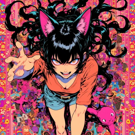 psychedelic manga pop art, A girl with cat ears, a threatening expression, a threatening pose, a fluffy Persian carpet, ultra detailed, absolutely resolution, masterpiece