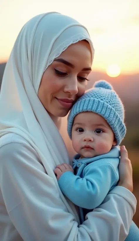 " A beautiful woman wearing a white hijab with a delicate crystal touch, shows a gentle thin smile .  She hugs a baby boy wearing a blue knit hat with an elegant pattern .  The baby has a bright face and a calm expression ,  wearing matching clothes in sof...