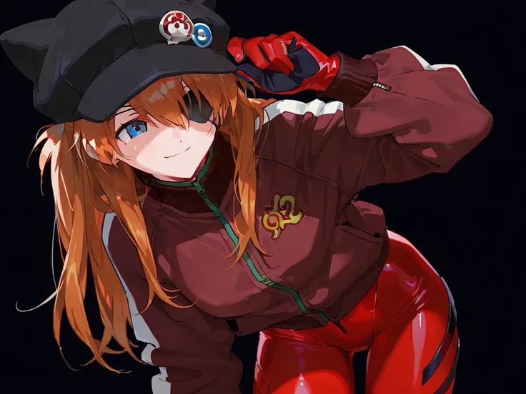  top quality , masterpiece,         ,          1 girl,   ,         viewers,  ,      smile,,        Neon Genesis Evangelion 、       Shikinami Asuka Langley、      red jacket , Red plug suit under jacket, Cat hat,        eye patch,  cowboy shot,  simple backg...