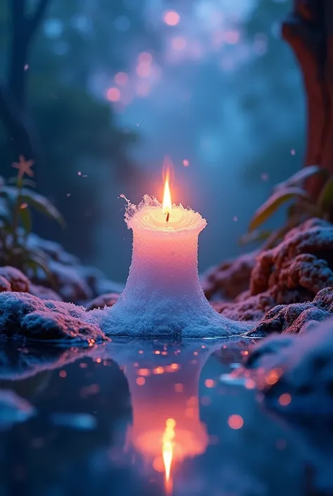 The flames are wrapped in ice  ,  adorns the Milky Way blue  , Purple, and pink,  and  . Candle , ， reflecting the jungle lights in the puddle underneath ,  creates a mirror effect  .  The jungle lamp is warm orange  , , and the blues,  creates an active a...