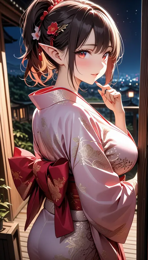 ((masterpiece)),  top quality ,  SUPER DETAILS,  high res,  extremely detailed CG integrated 8K wallpaper , HQ_HDR, (Big Breasts), (Very attractive high elf ), ((Delicate fabric, Wearing a kimono with an excellent design)), (Touch your mouth lightly with b...