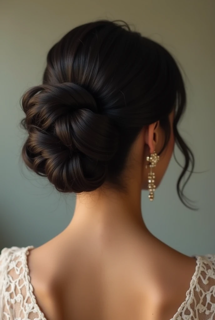 Beautiful latina woman with formal hair tidy french twisted hair bun style, behind view