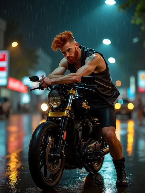 A young man, red-haired, shaved hair with mohican, attractive, manly and bearded, muscular and with big arms and legs, he is riding his motorcycle, it is black with gold finishes, he is in the middle of the street, he is wearing short and tight black leath...