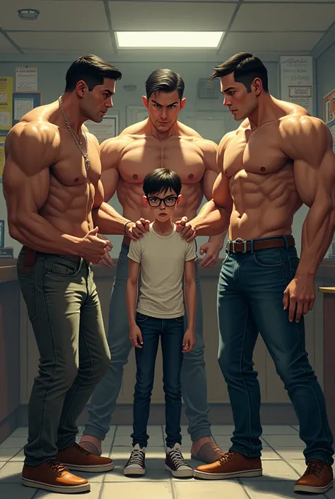 Three strong urban young men with abs fighting aggressively with a thin, short young man wearing skinny glasses at the box office and school