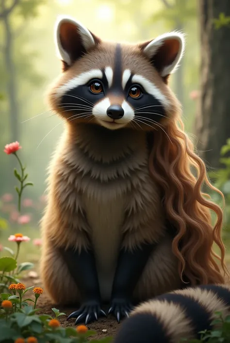 A female raccoon with long wavy hair