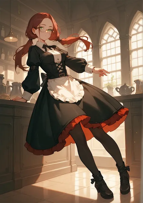 full body, score_9, score_8_up, score_7_up, (solo), burgundy hair, green eyes, oval glasses, long hair, forehead, waitress, skirt, black clothes, medieval setting, two low hair tails, medium breasts, ((narrowed eyes)) belts
