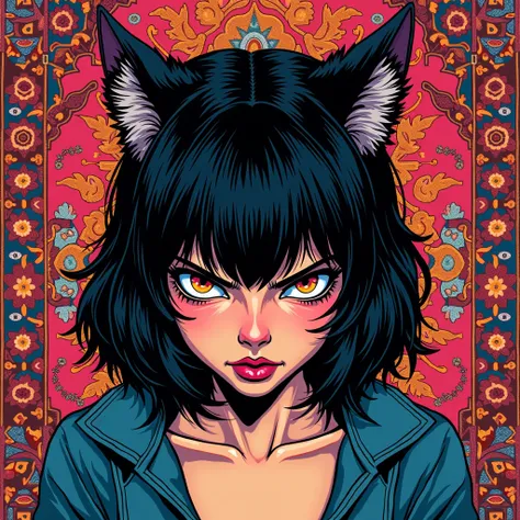 psychedelic manga pop art, A girl with cat ears, a threatening expression, a threatening pose, a fluffy Persian carpet, ultra detailed, absolutely resolution, masterpiece