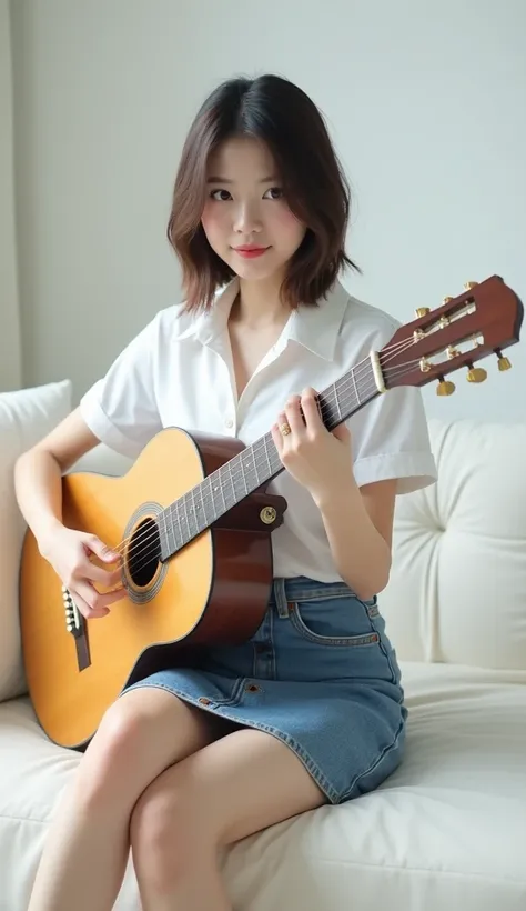 Chinese girl, 26 years old, big brsast, shoulder length short hair, all white dress, tight dress, collar dress, short denim skirt, beautiful, like a beautiful model, playing guitar, acoustic guitar, stage light, clear face, white room, seat, white sofa