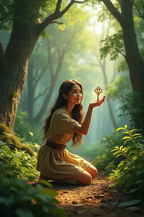 Text:
As she wandered deeper into the forest, Luna found something shiny on the ground. It was a golden key! She picked it up and wondered what it could unlock.

Image:
Luna kneeling down, holding a sparkling golden key in her hand, with tall trees around ...