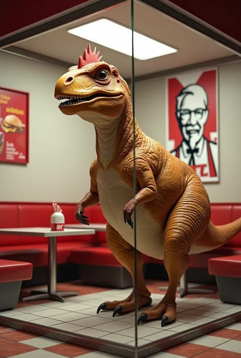 A Tyrannosaurus rex ,  with the physique of a hen ,  in a KFC wing cube