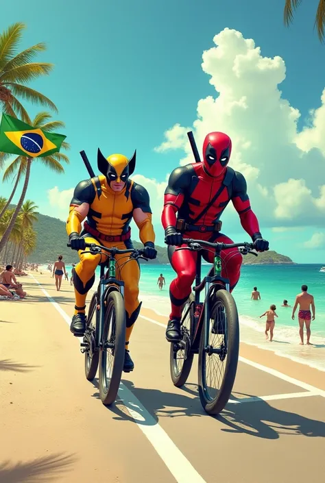 realistic image, Wolverine and Deadpool are riding bicycles, they are on a bike path, the bike path is on the edge of a beach, you can see Brazilian flags in the image, there are people sunbathing on the beach, there is a person in a beach shower