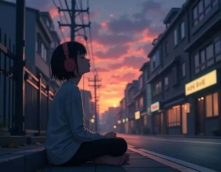 (( best quality)),( masterpiece)),( Detailed ),( realistic ),80s anime、 Wide angle recording 、Long distance shooting 、ghibli style、 Low-fidelity art style 、 nostalgic、 Urban landscape at dusk 、 Woman sitting and listening to music 、 The girl wears headphon...