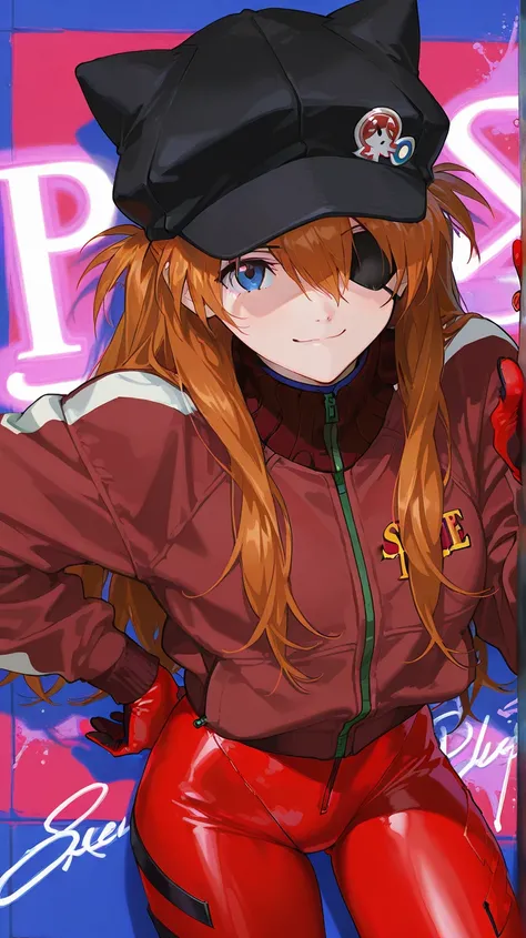  top quality , masterpiece,         ,           1 girl,   ,          viewers,  ,      smile,,         Neon Genesis Evangelion 、        Shikinami Asuka Langley、       blue eyes、 Red Jacket ,  red plug suit under jacket, Cat hat,         eye patch,   cowboy ...