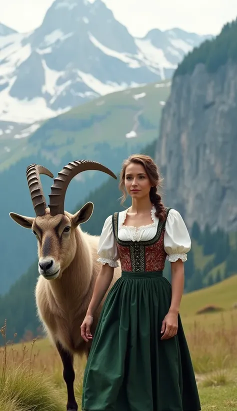  An Austrian woman wearing a traditional Dirndl,  with fitted bodice , white blouse and dark green skirt ,  complemented by an embroidered apron .  She walks accompanied by a giant mountain goat ,  her imposing curved horns ,  against the backdrop of the s...