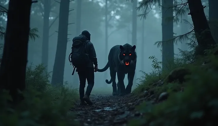 "A hiker throws a stone at a black tiger with glowing red eyes, but the tiger vanishes into thin air. The forest becomes ominously silent, with a ghostly chill creeping in."Realistic, HD, detailed environment, and emotional focus."
