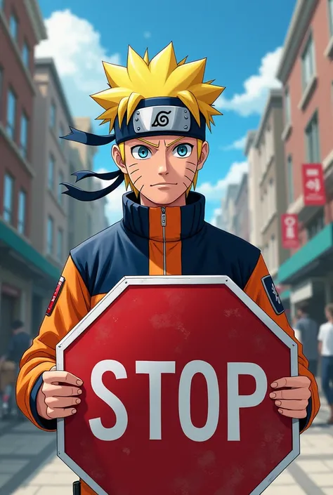 Stop signboard in the hands of naruto