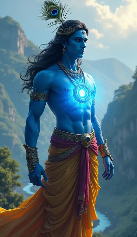 Lord srikrishna with blue skin and peacock feather in his head having arc reactor looking like gen at the place of his heart