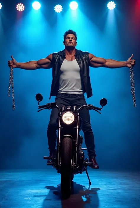  a muscular man ,  full body , moreno, no beard 
, brown hair ,  brown-eyed , With white tank top ,  showing a muscular chest,  black leather jacket, long sleeve,  black leather pants ,  holding a thick chain , Standing balancing on the motorcycle seat, op...