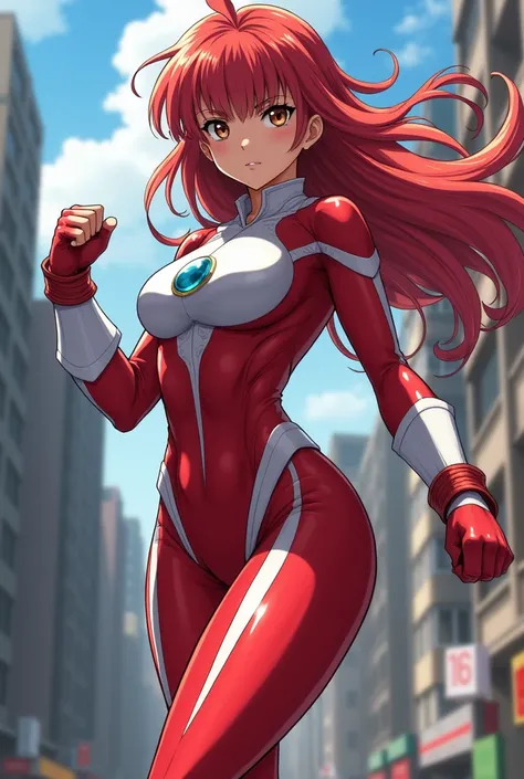 My Hero Academia Style , Anime girl, female, young female ,Full Body Shot,(fighting Pose:1.3),Long hair, Red Hair,  Brown Eyes,Hero Suit, Full Body Suit, red suit with white details,small round blue jewel in the center of the chest, perfect anatomy,  Tough...