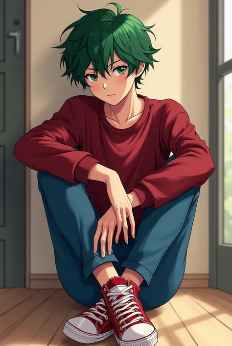 Femboy Izuku midoriya in a maroon sweater with blue jeans and red converse sitting down legs crossed