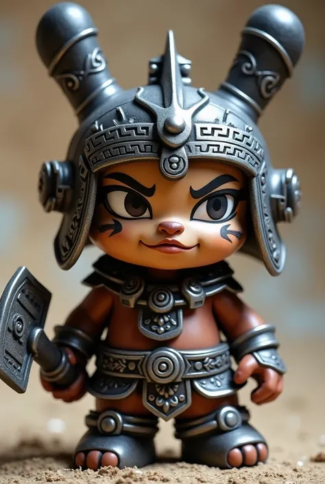     A funky punky munny vinyl art toy , view of 3/4,   of a warrior with Mayan traits ( Mayan nose and profile  ) prominent and angled nose up to the forehead and wide forehead ,  wearing a Mayan  , with a Xihucoatl in the hand  ,     Very synthetic and ro...