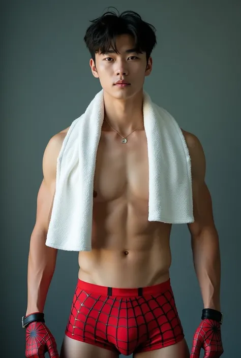 Handsome and sexy Korean Teenageer, teen, young, boy, shirtless, Towel around the neck, Spidermam underwear open on one side and showing his sixpack abs, muscular, sixpack, young, front view, Korean idol, biceps and triceps, Spiderman gloves, photo realist...