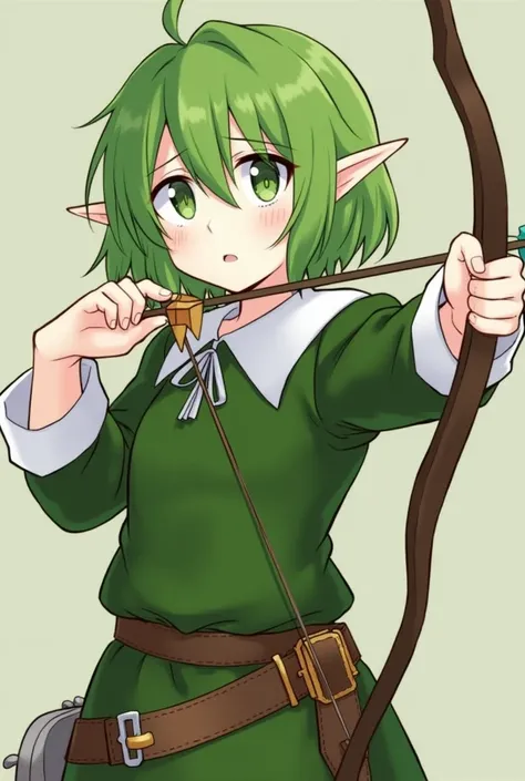 male, pale skin, femboy, cute, anime, anime boy, feminine male, feminine man, petite body, elf ears, fantasy, green hair, shoulder-length hair, green shoulder-length hair, medieval outfit, green outfit, archers outfit, archer, bow and arrow, tough, serious...