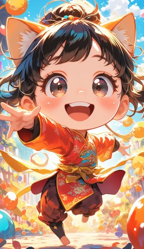 (Masterpiece, top quality:1.2), Cartoon style character design, one girl, big eyes, cute expression, smiling, cat ears, Chinese dress, Shaolin Kempo, kicks, cheerful pose.