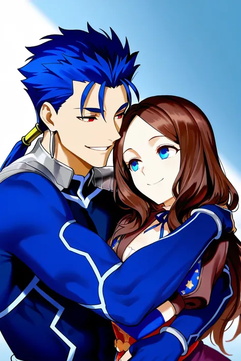 Cu_Chulainn(fate), Leonardo_da_vinci(Fate),smile, hug, red_eyes, blue_hair, Blue_eyes Brown_hair,  forehead, 1boy, 1girl, elbow_gloves