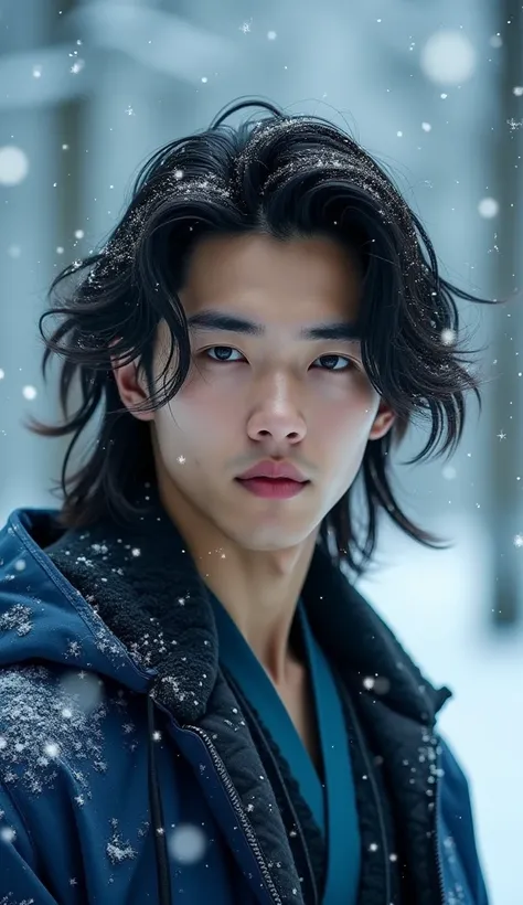 Handsome young japanese man in the snow, High Resolution, Masterpiece, Long Hair, looking at the viewer Sparkle, Depth Of Field, Backlighting, full body, Blue lips, Cinematic Lighting, dynamic pose