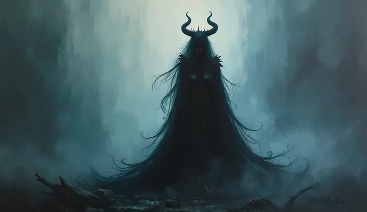 heavy fog ,  dark environment, Shadow of a woman with horns and very long hair being a dark queen, Impressionist art style