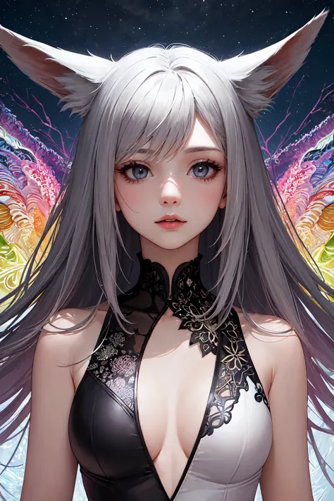 (masterpiece, top quality, best quality, official art, beautiful and aesthetic:1.2), (1girl), extreme detailed,(  Fractal Art:1.3),colorful,highest detailed長い髪, Grey Hair,  character profile, masterpiece, accurate, Fox Ears, masterpiece, accurate,  high re...