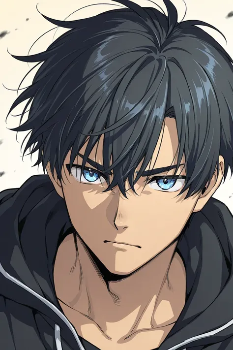 A boy that is tall with Black hair and light light blue eyes, hes handsome but bad tempered kind wearing black clothes. Arina Tanemura drawing shoujo manga style. 