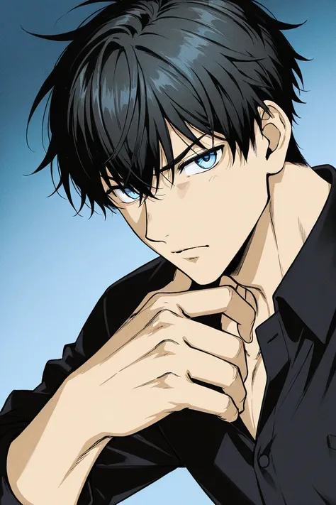 A boy that is tall with Black hair and light light blue eyes, hes handsome but bad tempered kind wearing black clothes. Arina Tanemura drawing shoujo manga style. 