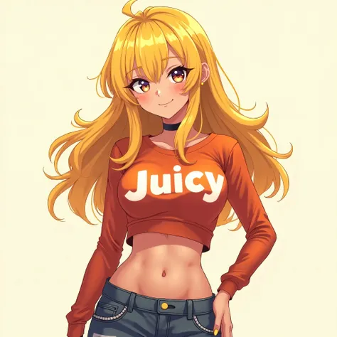 Anime adult girl yellow hair juicy wearing shirt has “juicy” on it