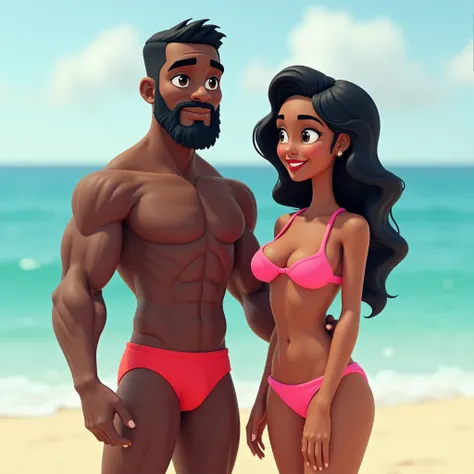 strong black man, no beard, dressed with tiny red underpants, and beauty black woman next to him dressed with pink bikini, both in love, standing up, beach background, portrait, comic 3d animation style