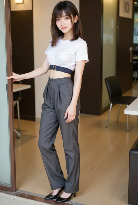 upper real  , photorealistic , she looks very happy , Global Pi Illuminations , alone, (Teenage Japanese Girl:1.5), very beautiful and delicate Japanese girl ,  black hair、very beautiful、 smile , slim, beautiful legs ， surimi waist 、 office lady suit jacke...