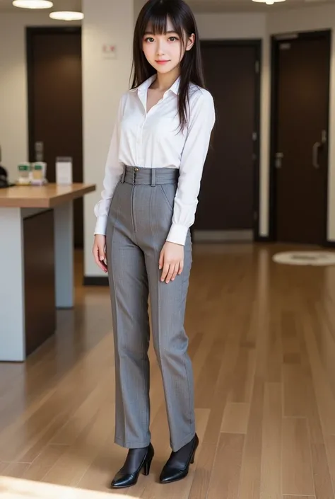 upper real  , photorealistic , she looks very happy , shadow, Global Pi Illuminations , alone, (Teenage Japanese Girl:1.5), very beautiful and delicate Japanese girl ,  black hair、very beautiful、 smile , slim, beautiful legs ， surimi waist 、 office lady su...