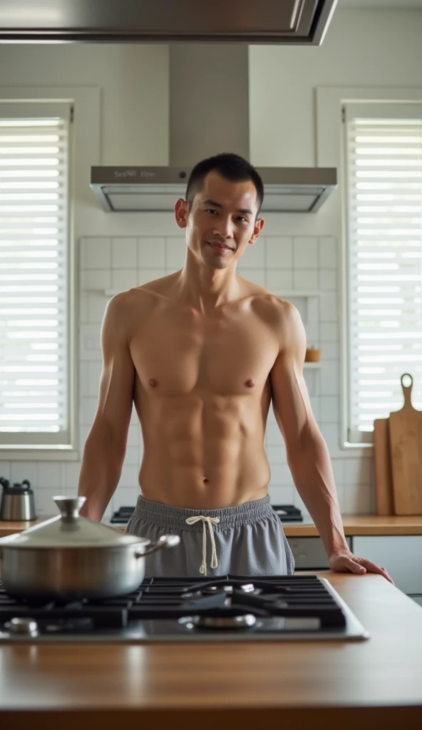 The light coming in from the louvered windows makes the room look bright and natural.

A 23-year-old THAI male model , with a muscular sumo player build, with cropped hair.
**Model pose:** The model stands in front of the stove, leaning forward slightly an...