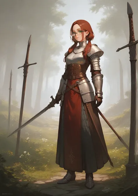 full body, score_9, score_8_up, score_7_up, (solo), burgundy hair, green eyes, oval glasses, long hair, forehead, ((black)) light leather sexy armor, big daggers, medieval setting, two low hair tails, medium breasts, ((narrowed eyes))
