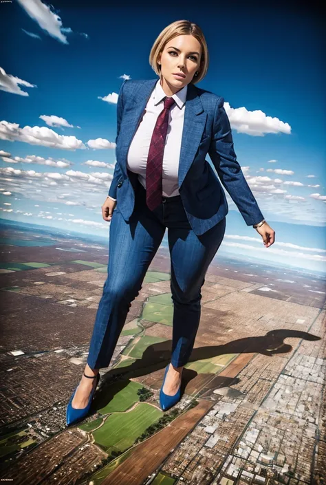 view from outer space of an approaching young giga giantess, Giantess art, 500 miles tall giga giantess, young sophisticated and stylish woman in a blue italian pinstriped trouser suit, form fitting crisp office shirt, and a large wide light blue necktie i...