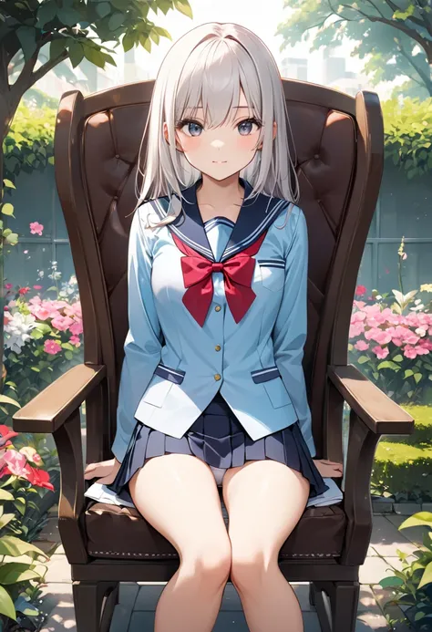  high image quality、alone、Sitting in front of the seat、One Girl 、cute girl、High School uniform 、miniskirt、(panties visibl)、 high res,  anatomically correct ,   Ultra Fine,  cowboy shot,  (slightly open legs )、garden