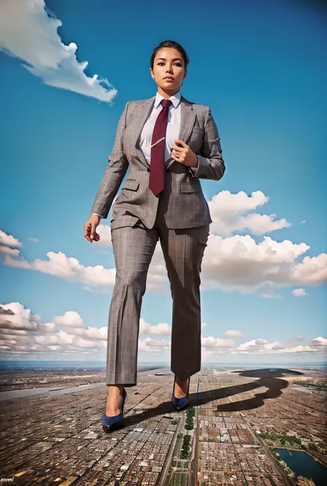 view from outer space of an approaching young giga giantess, Giantess art, 500 miles tall giga giantess, young sophisticated and stylish woman in a light grey italian pinstriped trouser suit, form fitting crisp office shirt, and a large wide light blue nec...