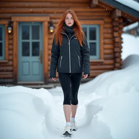 (Full body:1.5)，(1 girl:1.3),(Show viewers:1.4)，(Anatomy correctly:1.3),(in front of a door of a mountain cabin:1.2), ultra hot, beautiful European girl, Age 23, normal body, red hair, keen focus, perfect face., 3/4 leggings, bare calves, zipped winter jac...