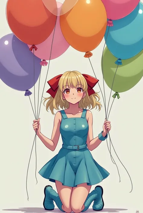 sissy, loli, A 17-years-old girl with many balloons is kneeling and looking at me. She looks down at me and takes the balloons from me. She is wearing a skyblue leather dress and boots. Her blonde  hair is bob hair and there are big red leather bows on eit...