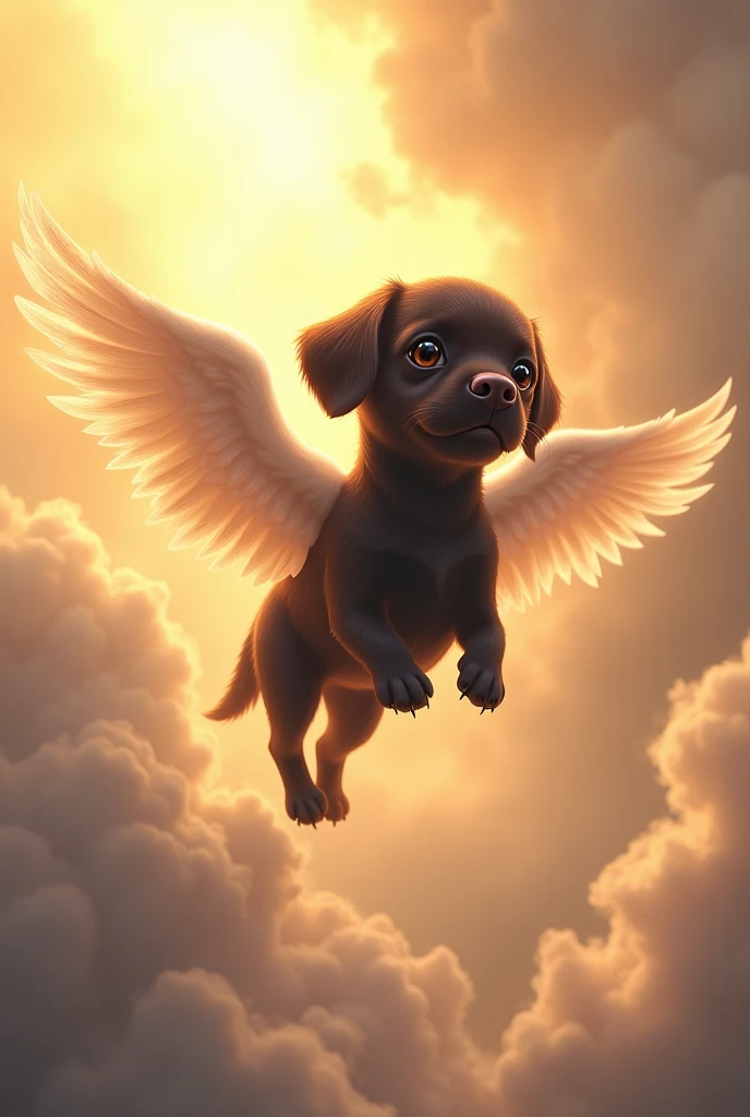 A little black dog with wings on its way to heaven