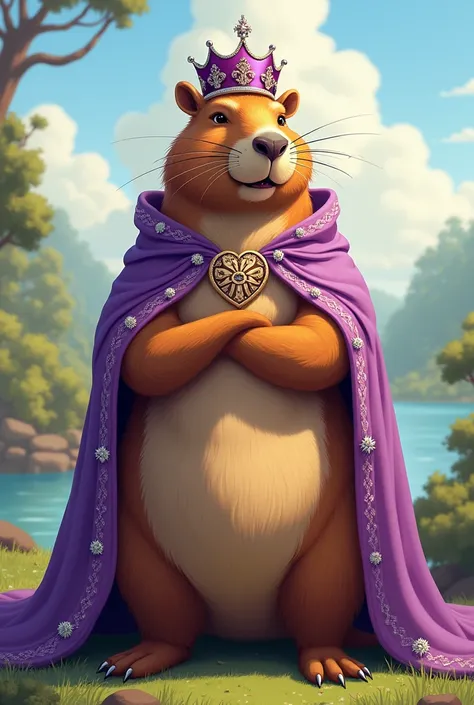 create an illustration of a capybara wearing a purple crown and cape with white details 