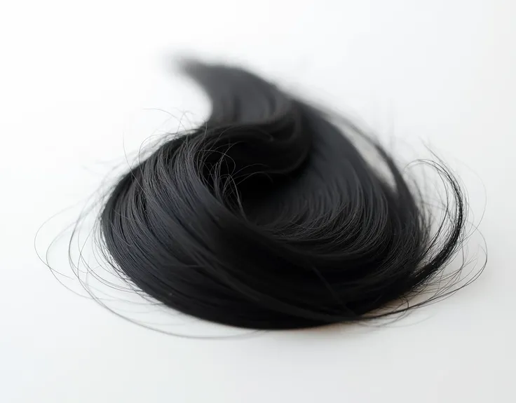 A strand of long black hair，real hair，close up， white background