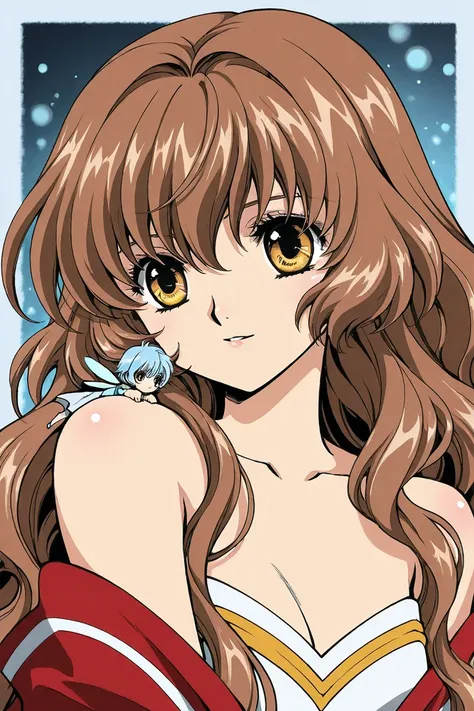 A woman. She has really long wavy brown haired with shiny golden eyes. On her shoulder there a little fairy blue haired. She is brave and smiling. Clamp Tsubasa chronicles drawing shoujo manga style. 